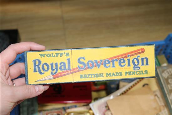 A collection of advertising arts materials, bottles etc